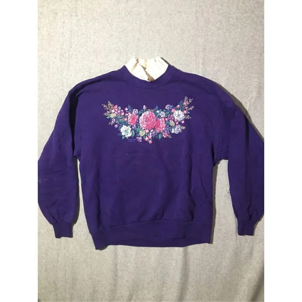 Womens Morning Sun Sweater Size Large Purple White Vintage Grandma Floral